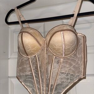 Nude Lace Corset Bustier Top Structured Boning Adjustable Straps